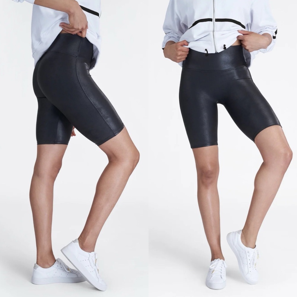 SPANX Black High-Rise Faux-Leather Bike Shorts EUC Small Shinny Athletic